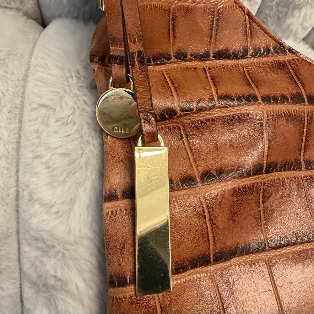 G.I.L.I Embossed crocodile Brown Leather hobo Handbag